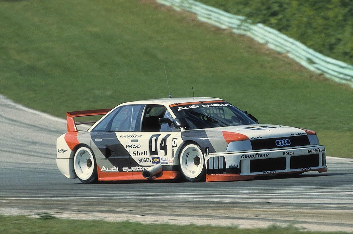 On the track, iconic racers – like the Audi 90 Quattro IMSA GTO – continued the performance design theme On the track, iconic racers – like the Audi 90 Quattro IMSA GTO – continued the performance design theme