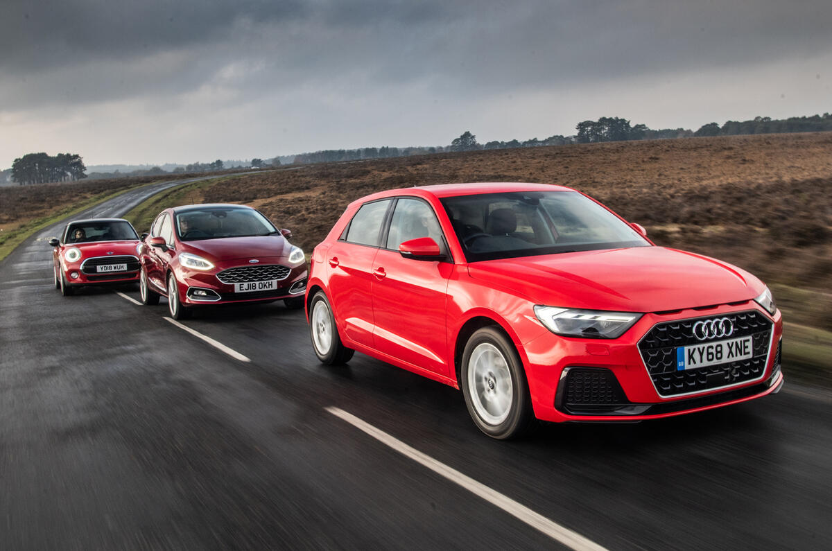 Autocar superminis triple test Mini Ford Fiesta Audi A1 front quarter