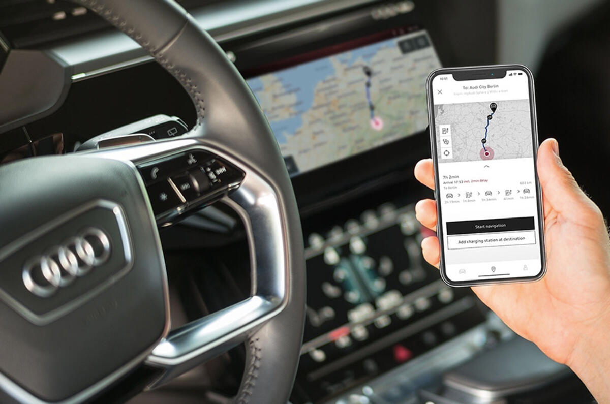 Using the myAudi smartphone app, you can plan your route and charging stops remotely Using the myAudi smartphone app, you can plan your route and charging stops remotely