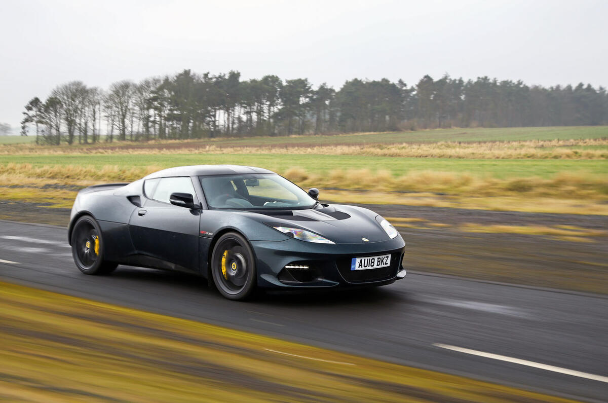 Lotus Evora cornering - front