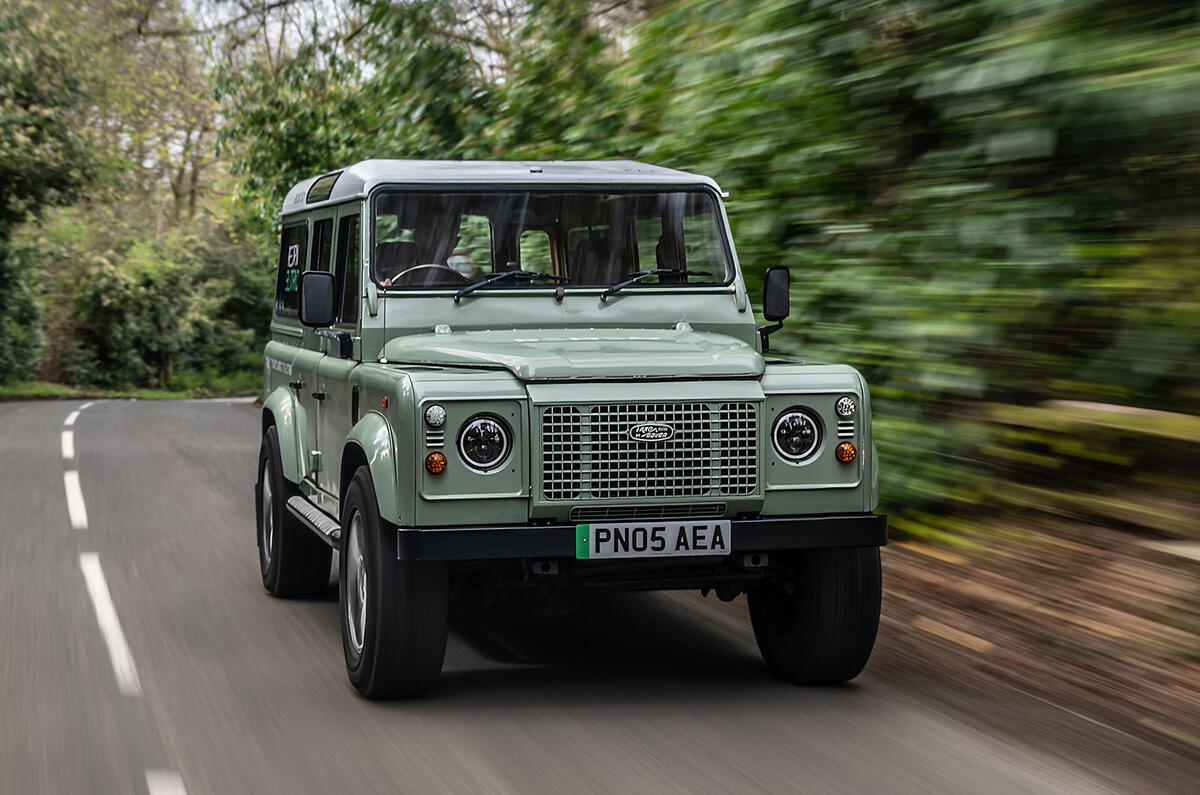 Bedeo Land Rover Defender EV front three quarter road