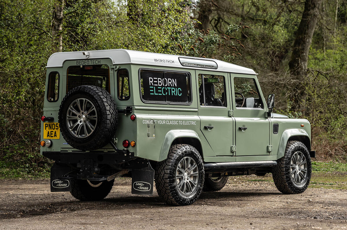 Bedeo Land Rover Defender EV rear three quarter