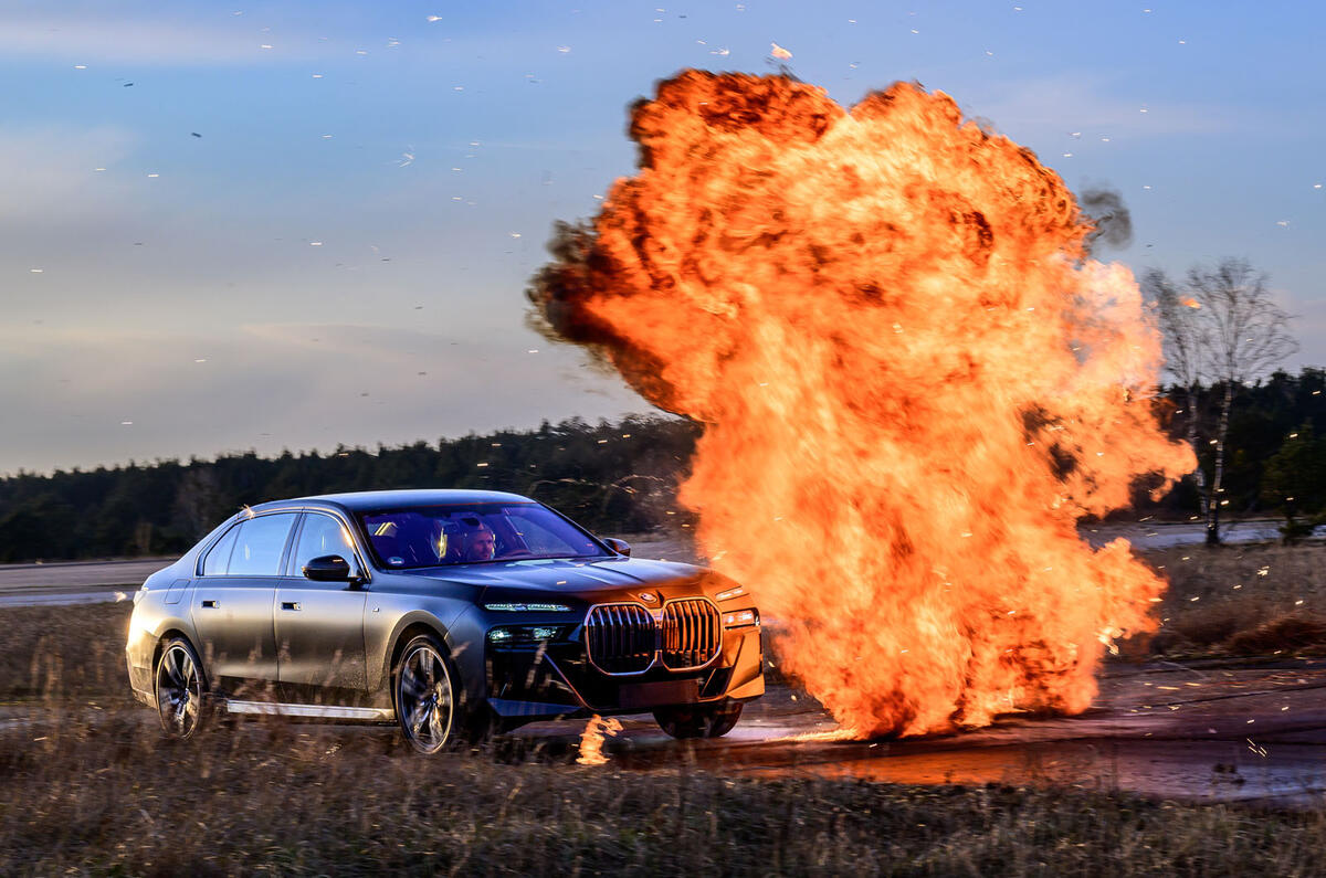 BMW i7 Protection driving through petrol bomb