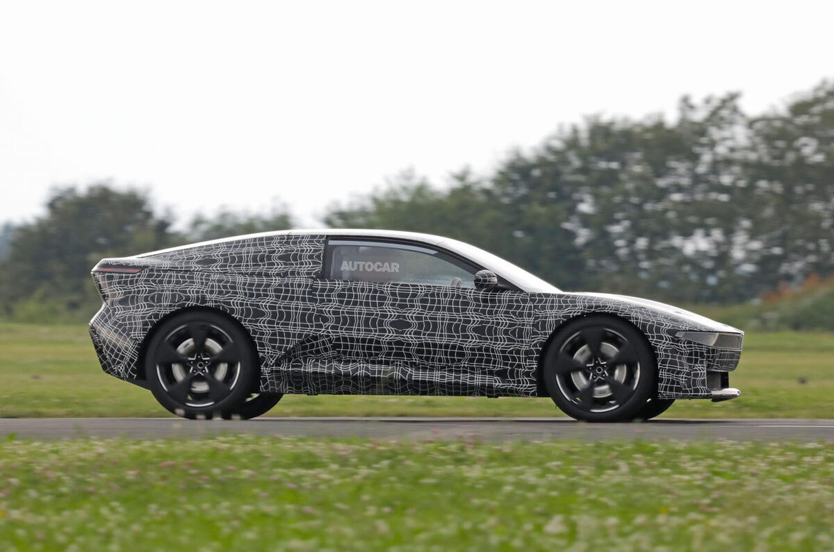 BMW Neue Klasse coupe camouflaged side tracking BMW Neue Klasse coupe camouflaged side tracking