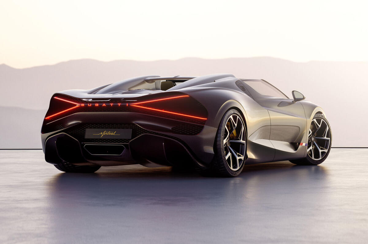 Bugatti Mistral roadster rear threequarter static Bugatti Mistral roadster rear threequarter static