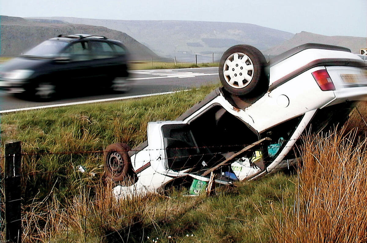 Car upside down at the side of a road Car upside down at the side of a road