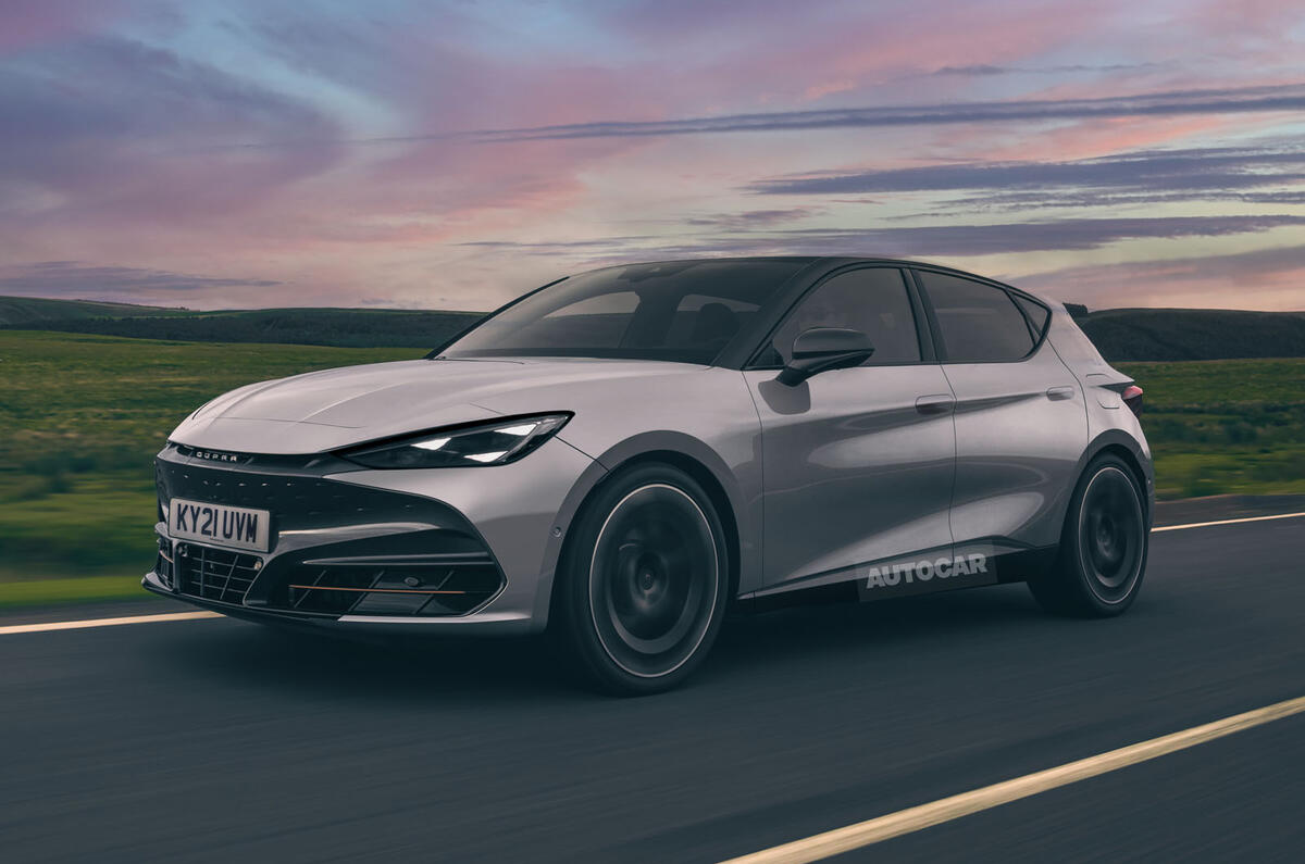 Cupra Leon EV Autocar render front quarter tracking