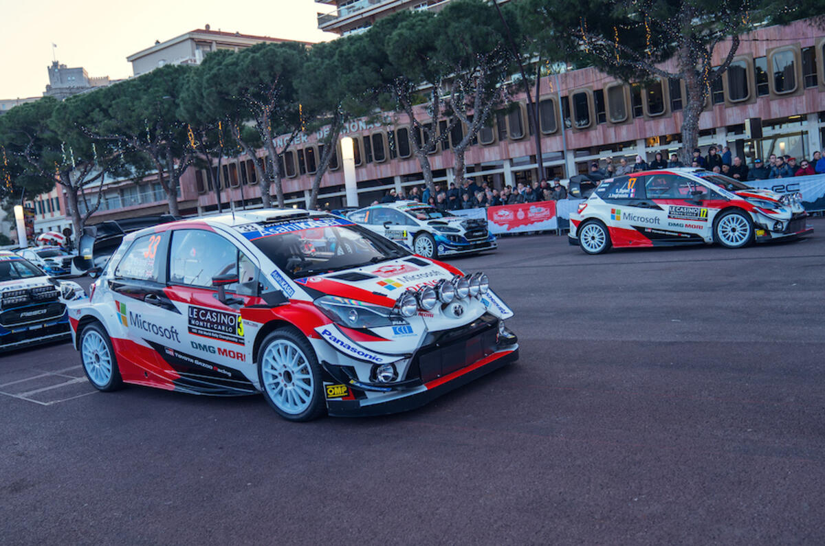 The perfect line-up: the lead pair of Toyota GAZOO Racing Yaris WRCs are poised for the start of Rallye Monte Carlo The perfect line-up: the lead pair of Toyota GAZOO Racing Yaris WRCs are poised for the start of Rallye Monte Carlo
