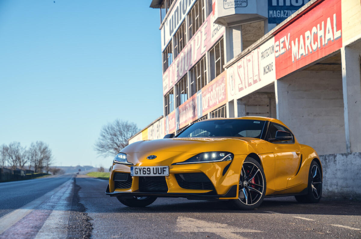 The classic pitlane at Reims is the perfect midday halt for the race-inspired Toyota GR Supra The classic pitlane at Reims is the perfect midday halt for the race-inspired Toyota GR Supra