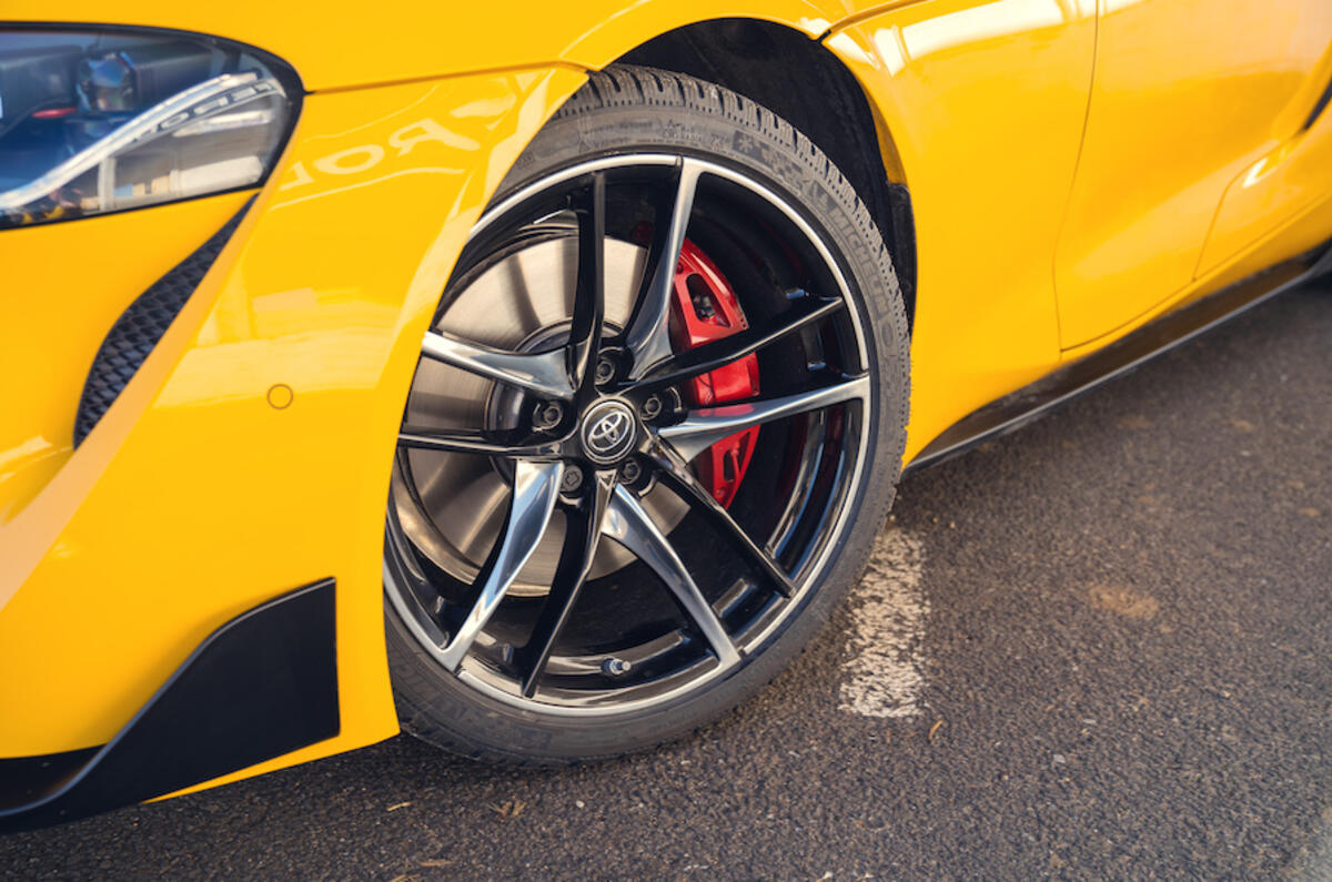 The Toyota GR Supra's 19-inch alloys stand out – especially with Lightning Yellow paintwork The Toyota GR Supra's 19-inch alloys stand out – especially with Lightning Yellow paintwork
