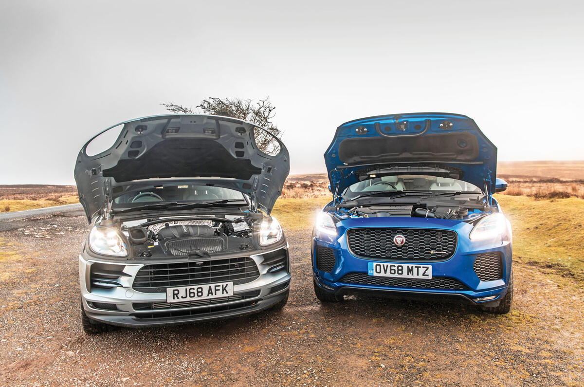 Porsche Macan vs Jaguar E-Pace 2019 - bonnets open