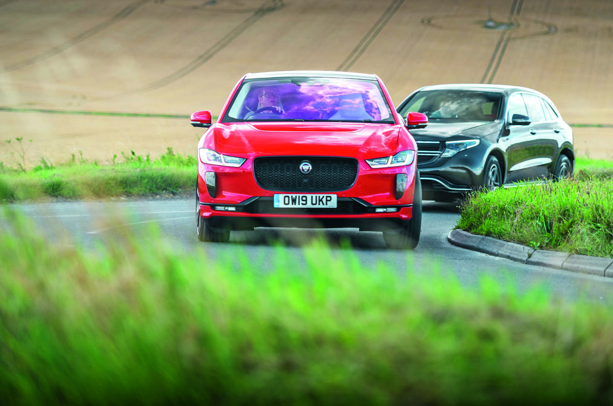 Jaguar I-Pace and Mercedes-Benz EQC cornering - front