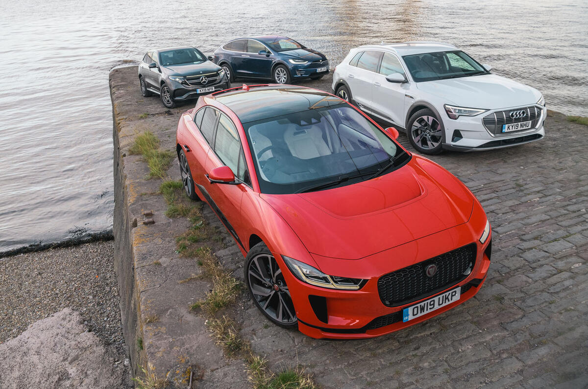 Jaguar I-Pace, Mercedes-Benz EQC, Audi E-tron and Tesla Model X parked