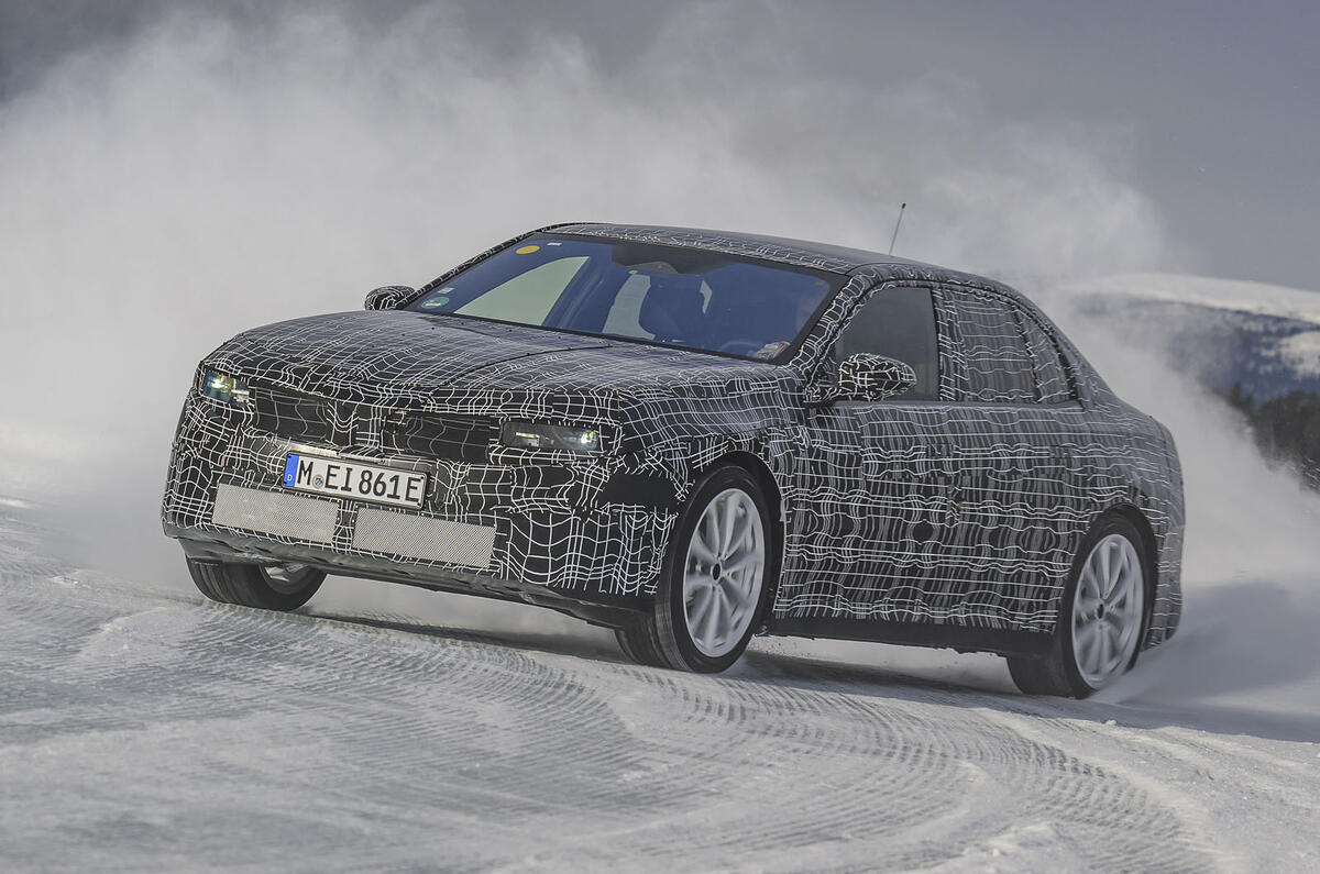 Electric BMW 3 Series prototype winter testing   front three quarter, drifting