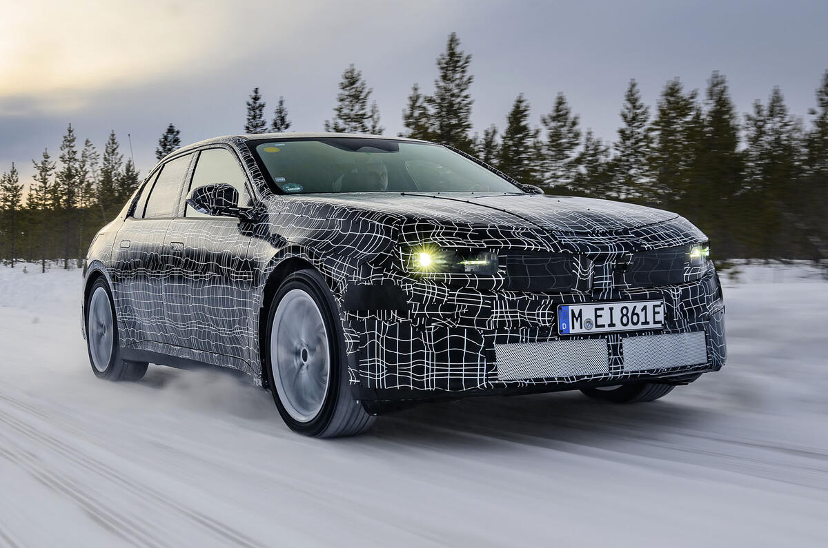 Electric BMW 3 Series prototype winter testing    front three quarter, dynamic