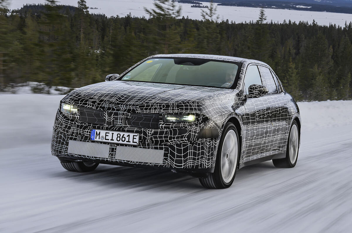 Electric BMW 3 Series prototype winter testing    front three quarter, dynamic (2)