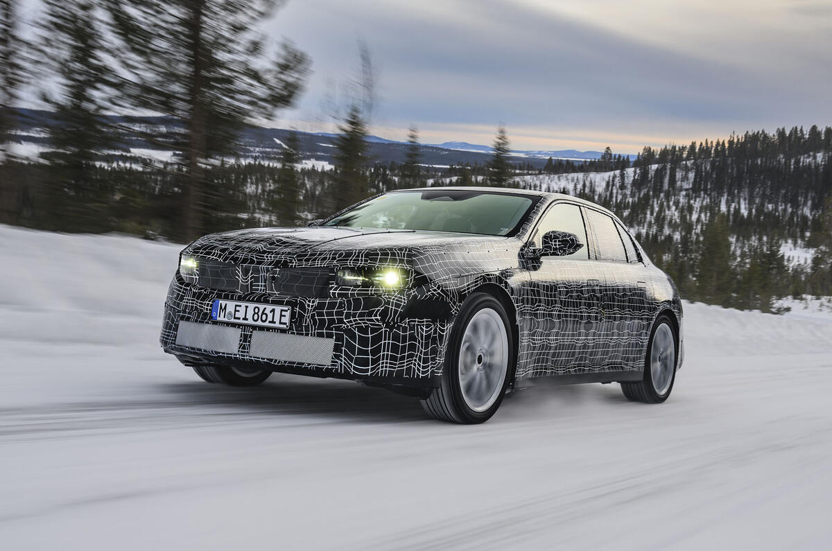 Electric BMW 3 Series prototype winter testing    front three quarter, dynamic (3)