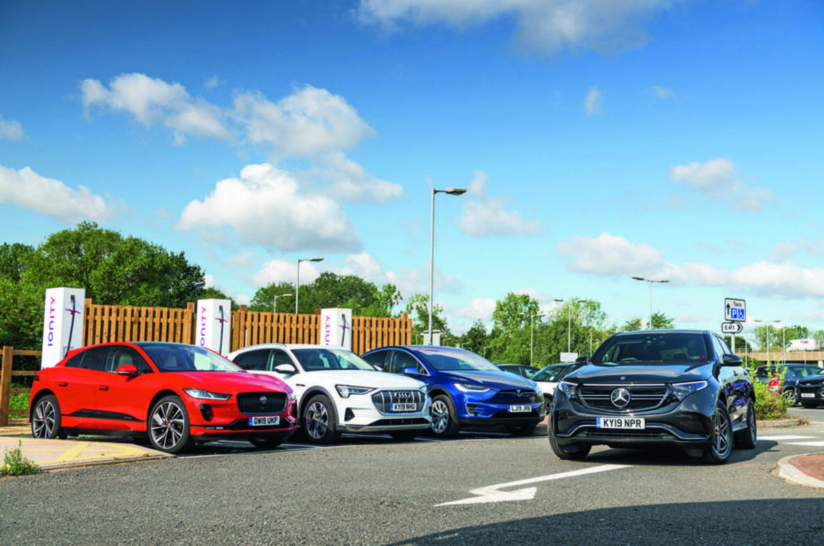 Mercedes-Benz EQC, Jaguar I-Pace, Audi E-tron and Tesla Model X charging