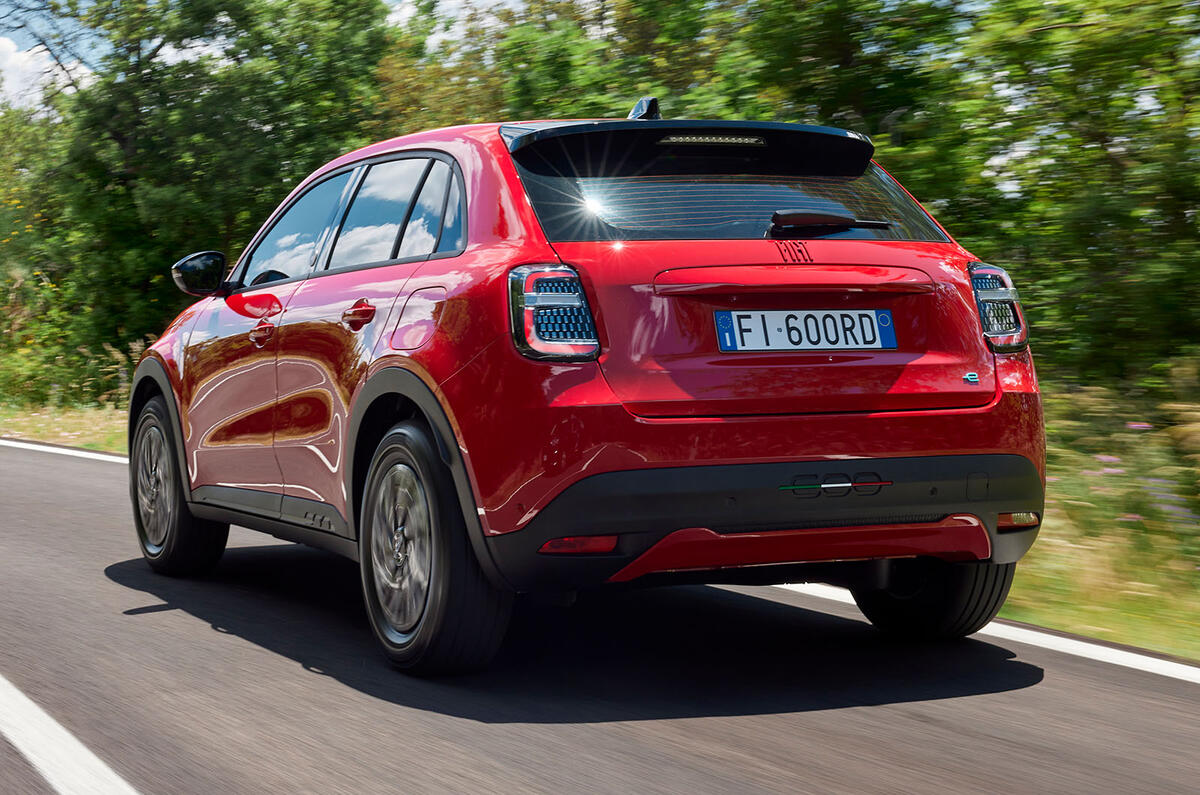 Fiat 600e rear three quarter red Fiat 600e rear three quarter red