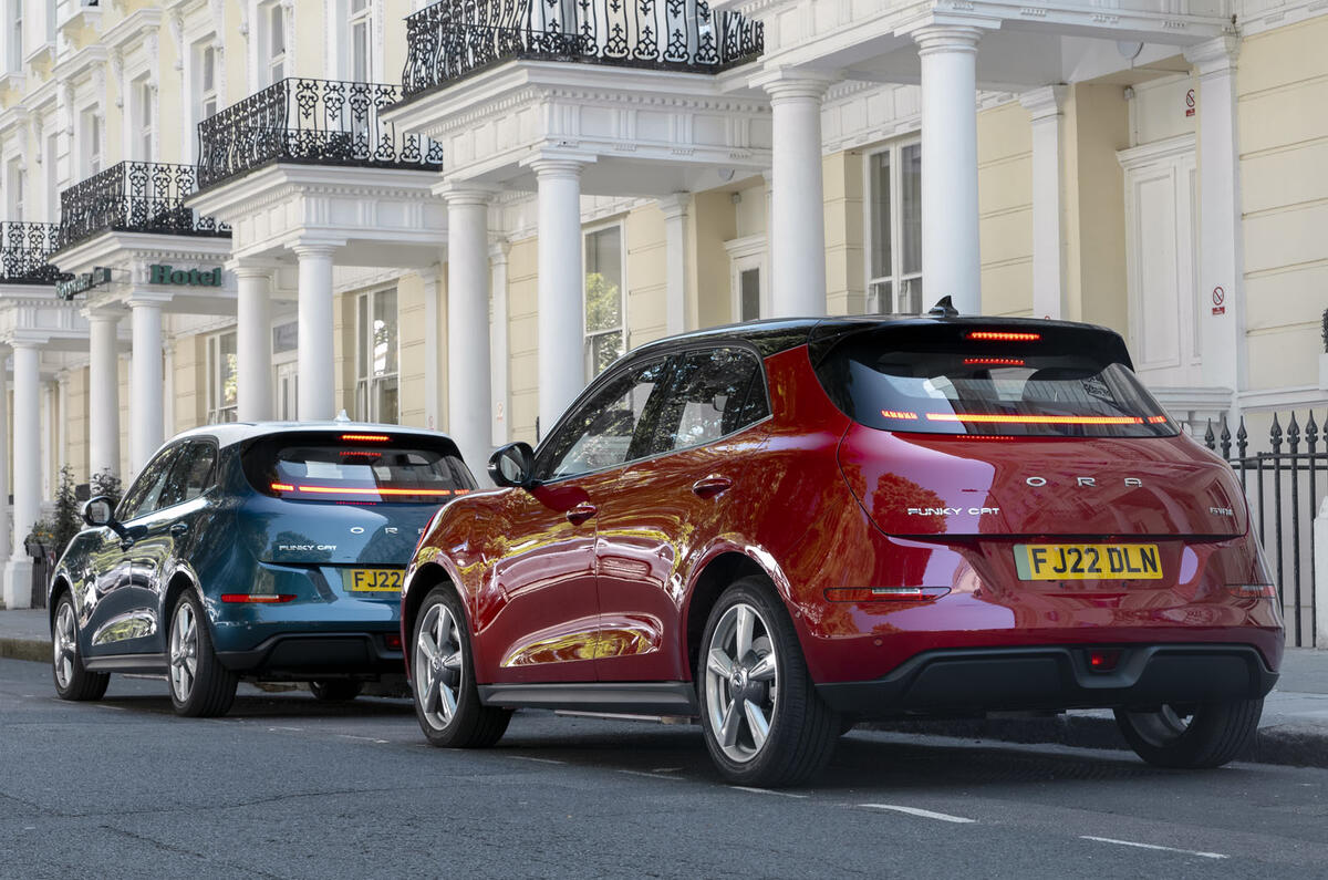 GWM Ora Funky Cat red and blue from the rear GWM Ora Funky Cat red and blue from the rear