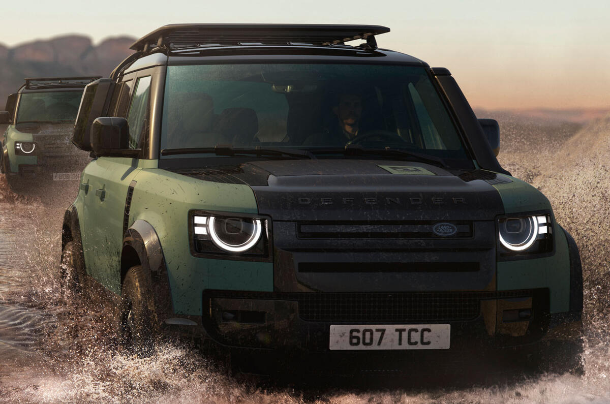 Land Rover Defender Trophy Edition green front tracking Land Rover Defender Trophy Edition green front tracking