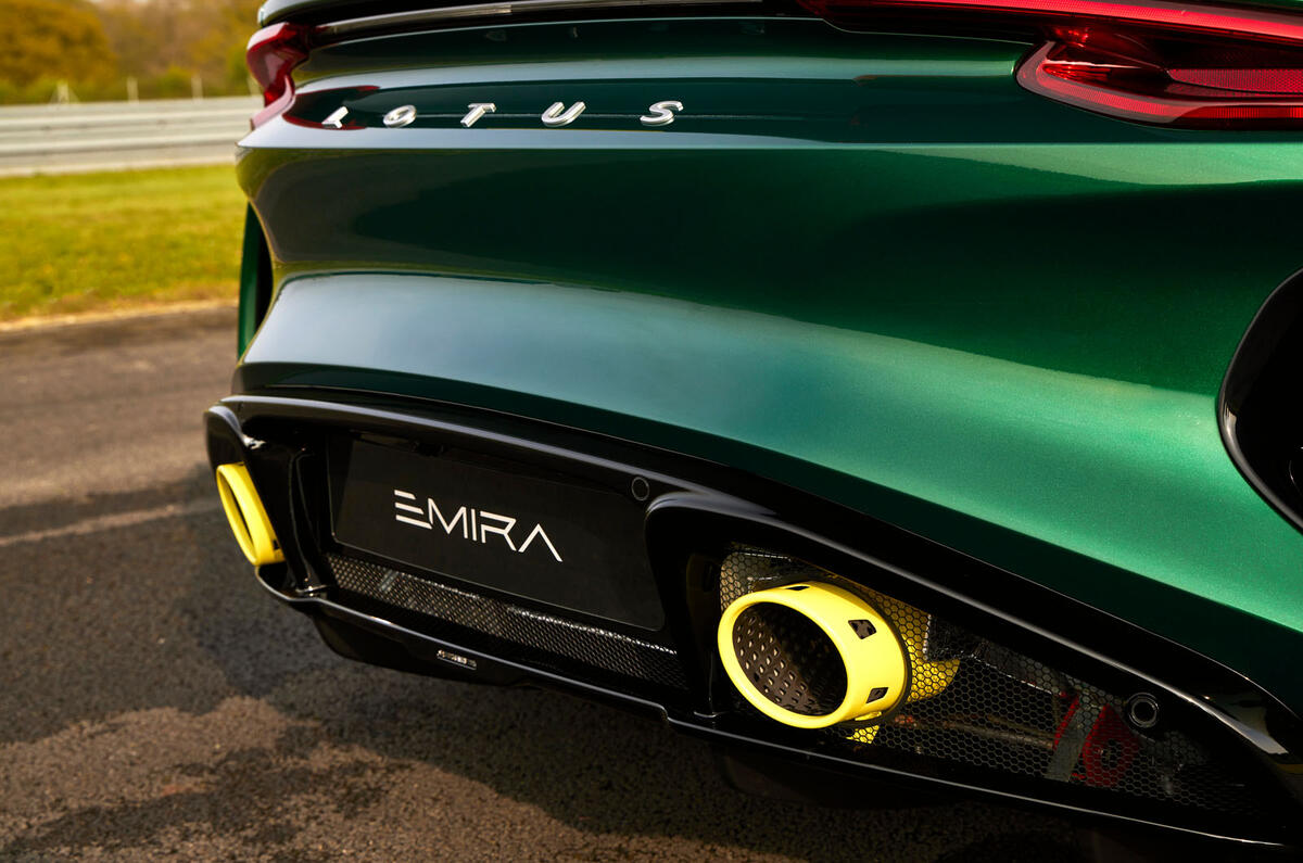Lotus Emira Clark Edition painted exhaust tips close Lotus Emira Clark Edition painted exhaust tips close