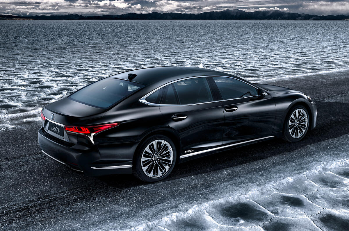 Lexus LS 500h flagship hybrid rear three quarter picture