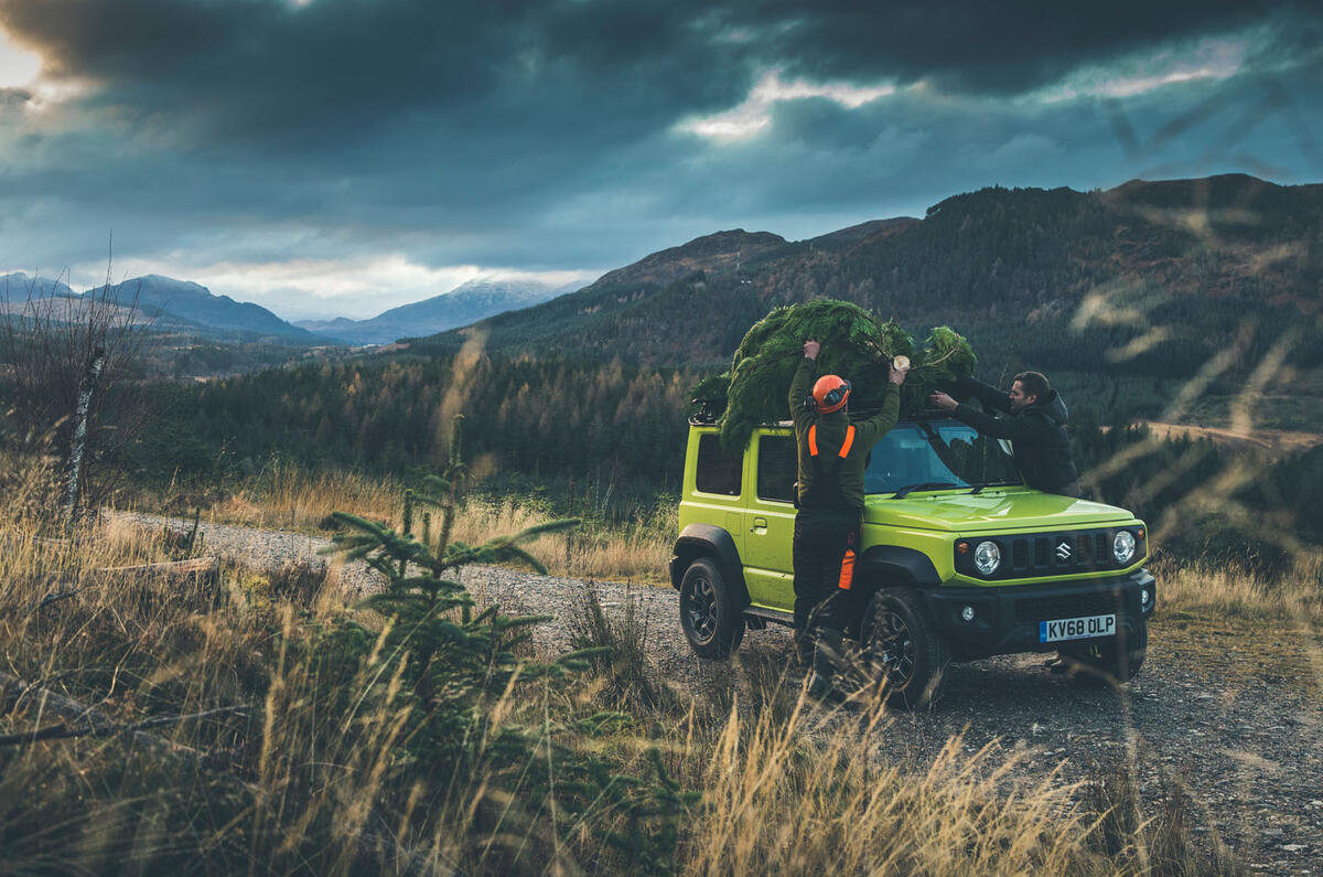 Christmas tree road trip in a Suzuki Jimny