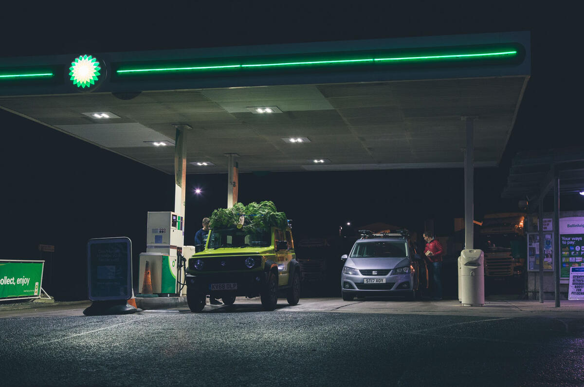 Christmas tree road trip in a Suzuki Jimny