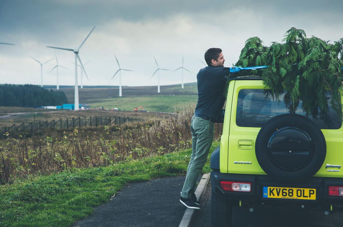 Christmas tree road trip in a Suzuki Jimny