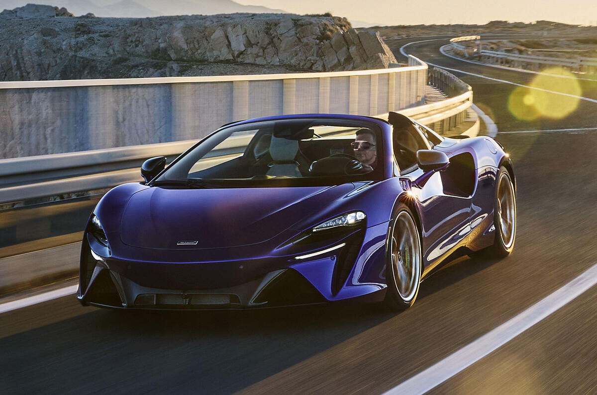 McLaren Artura Spider front three quarter tracking McLaren Artura Spider front three quarter tracking