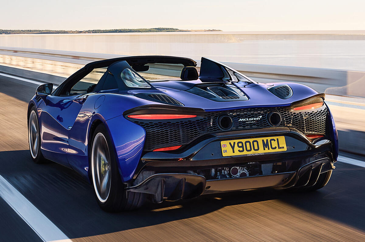 McLaren Artura Spider rear three quarter tracking McLaren Artura Spider rear three quarter tracking
