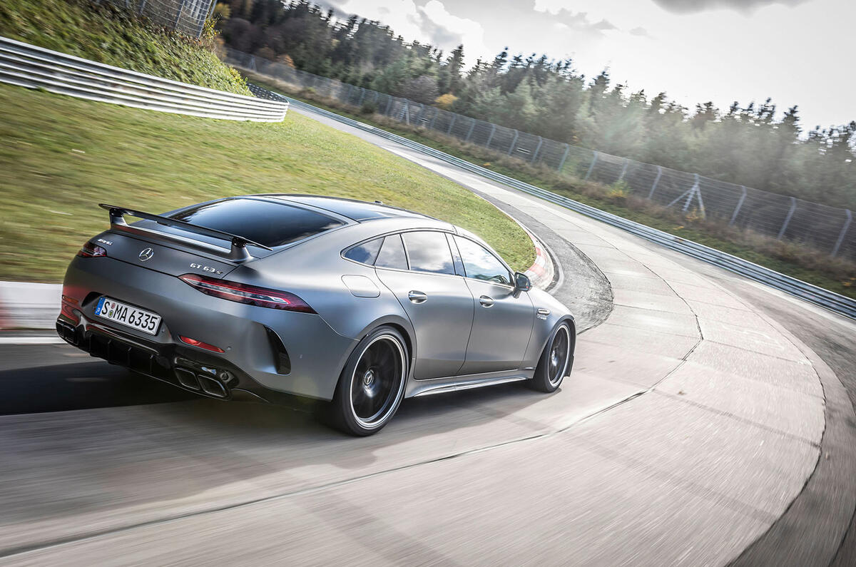 Mercedes-AMG GT 4-door coupe Nurburgring rear side Mercedes-AMG GT 4-door coupe Nurburgring rear side