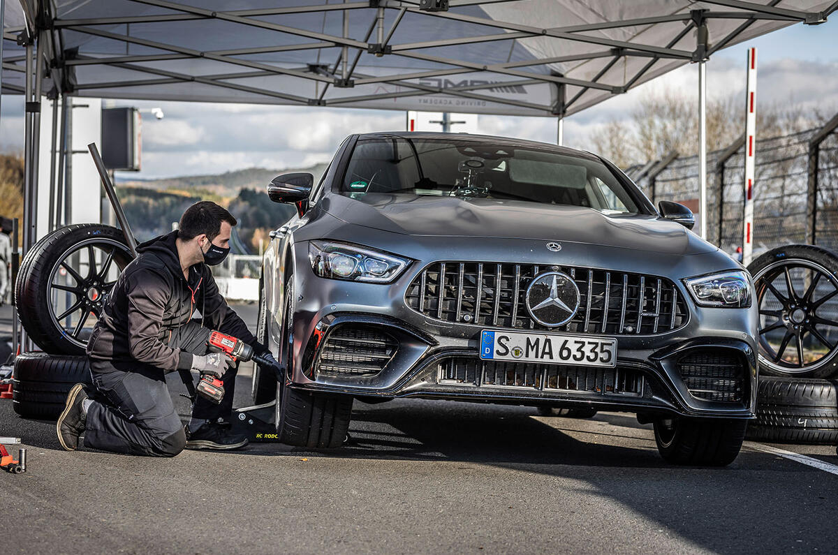 Mercedes-AMG GT 4-door coupe Nurburgring pits Mercedes-AMG GT 4-door coupe Nurburgring front pits