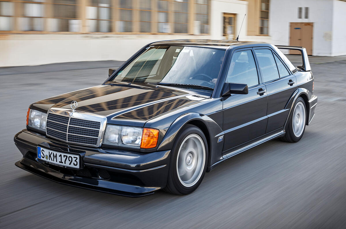 Mercedes 190E Cosworth front three quarter tracking Mercedes 190E Cosworth front three quarter tracking
