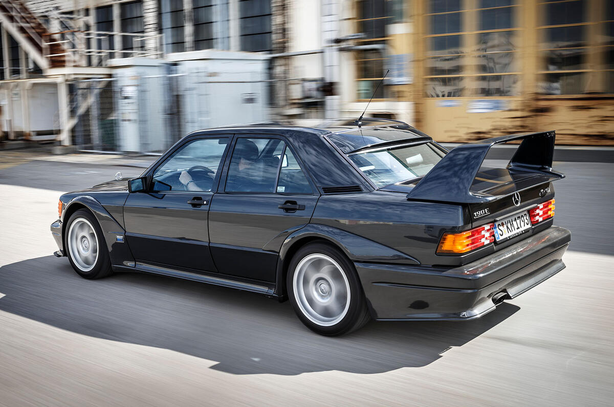 Mercedes 190E Cosworth rear three quarter tracking Mercedes 190E Cosworth rear three quarter tracking