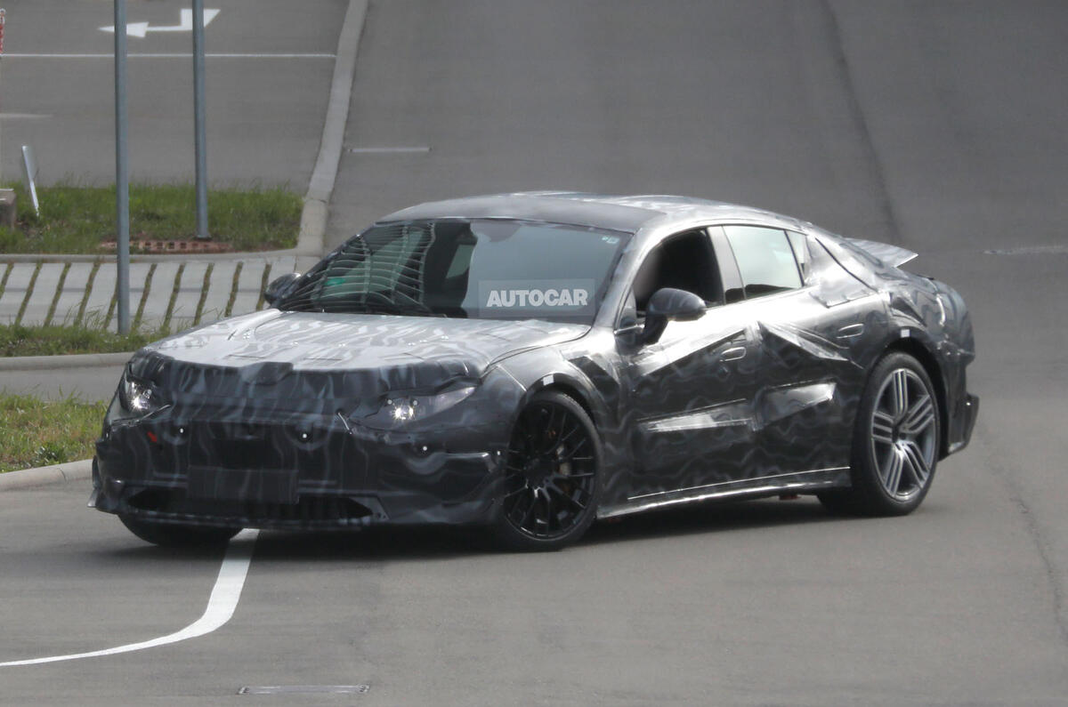Mercedes AMG GT saloon EV camo front quarter 2 Mercedes AMG GT saloon EV camo front quarter 2
