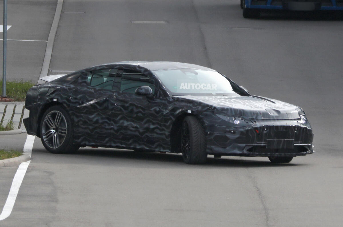 Mercedes AMG GT saloon EV camo front quarter Mercedes AMG GT saloon EV camo front quarter
