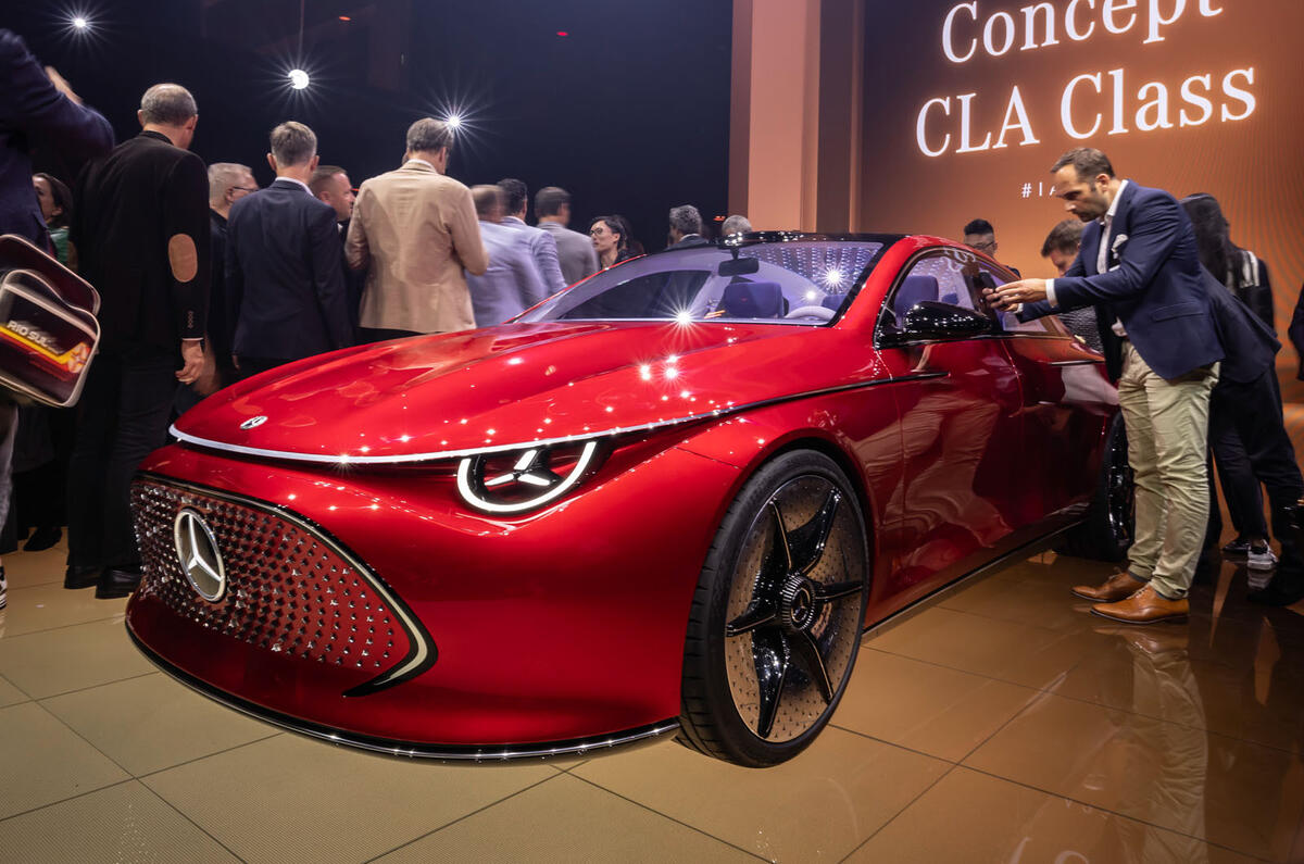 Mercedes Benz CLA Concept 2023 front quarter crowd Mercedes Benz CLA Concept 2023 front quarter crowd