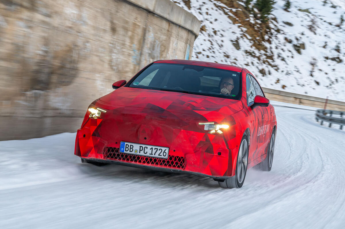 mercedes benz cla prototype on snowy road   front cornering