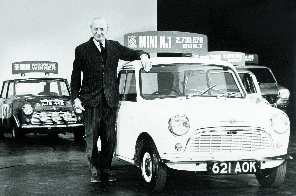 Alec Issigonis with a Mini