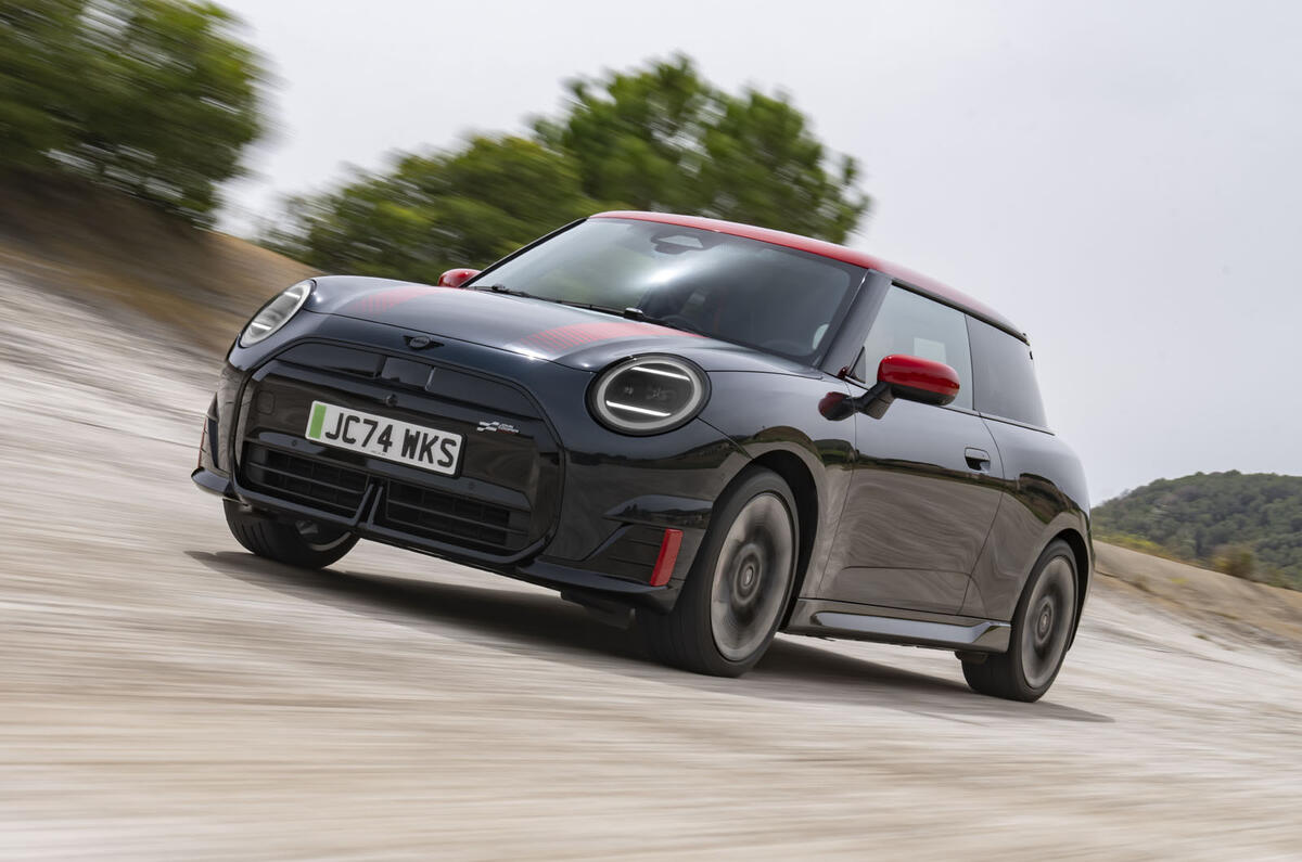 Mini Cooper Electric John Cooper Works   front corner tracking Mini Cooper Electric John Cooper Works   front corner tracking