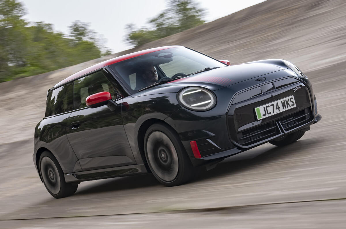 Mini Cooper Electric John Cooper Works   front right corner tracking Mini Cooper Electric John Cooper Works   front right corner tracking