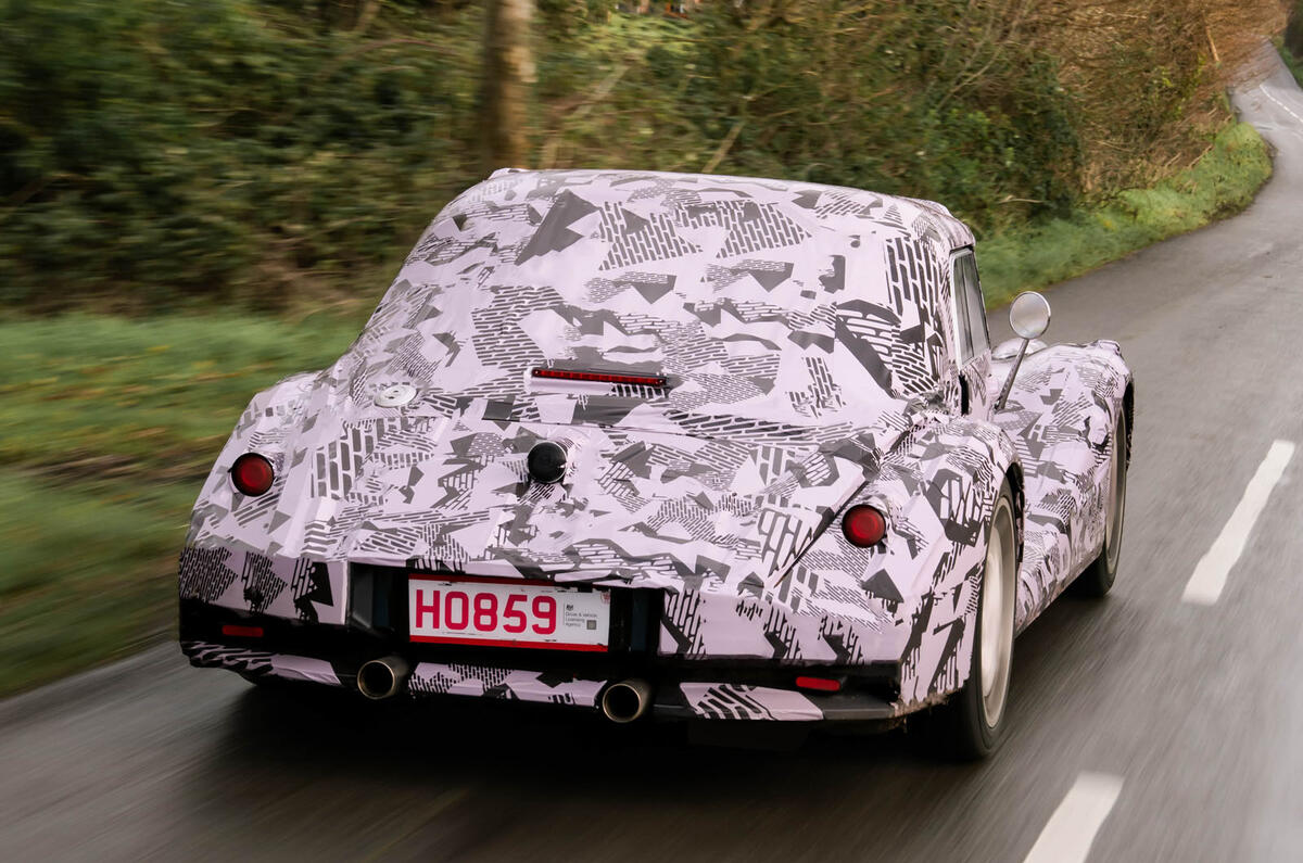 Morgan Plus Six successor camo rear quarter tracking