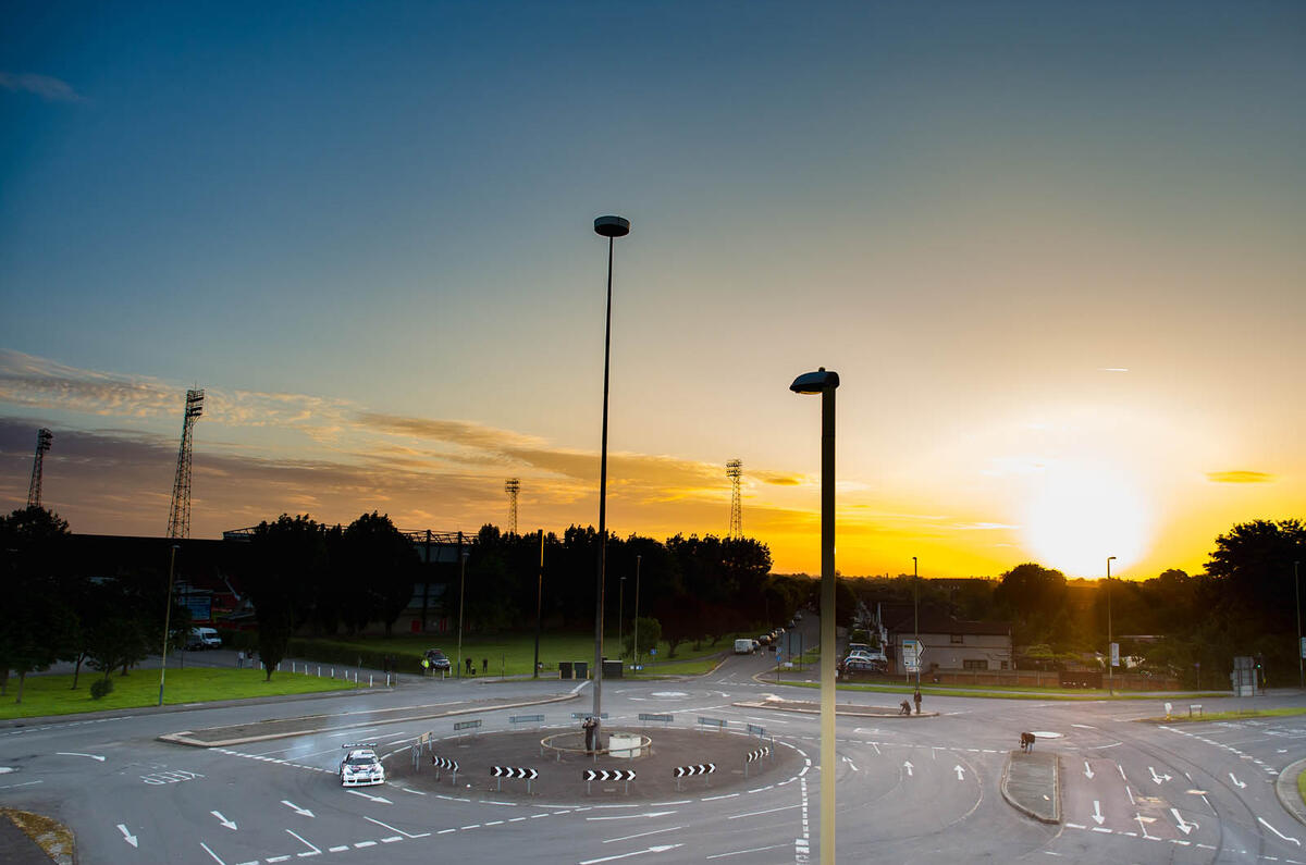 Drifting around a five-roundabouts-in-one junction with drift ace Mike Whiddett