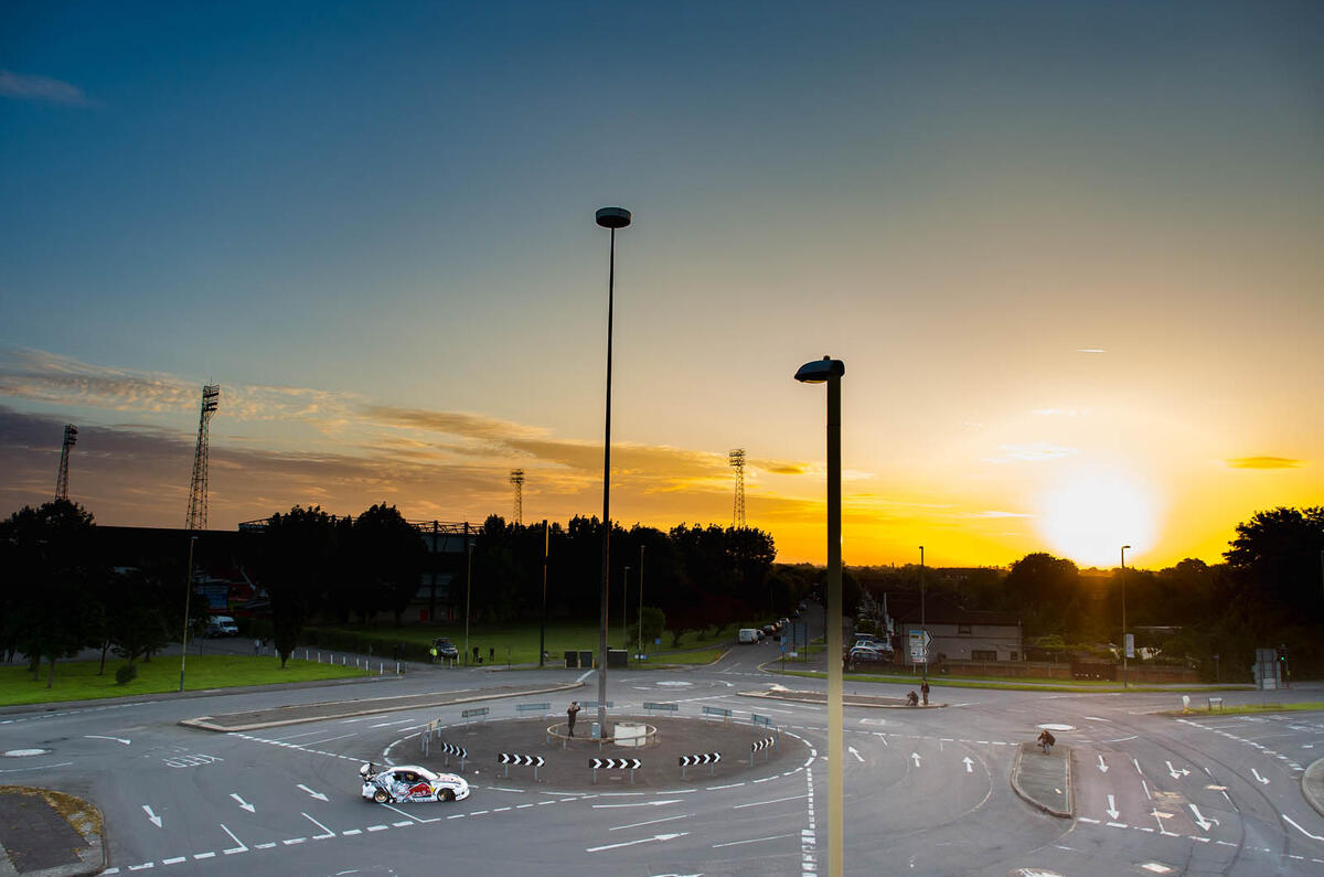 Drifting around a five-roundabouts-in-one junction with drift ace Mike Whiddett