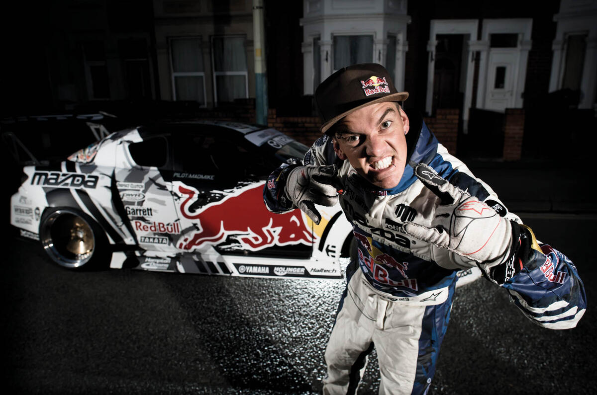 Drifting around a five-roundabouts-in-one junction with drift ace Mike Whiddett