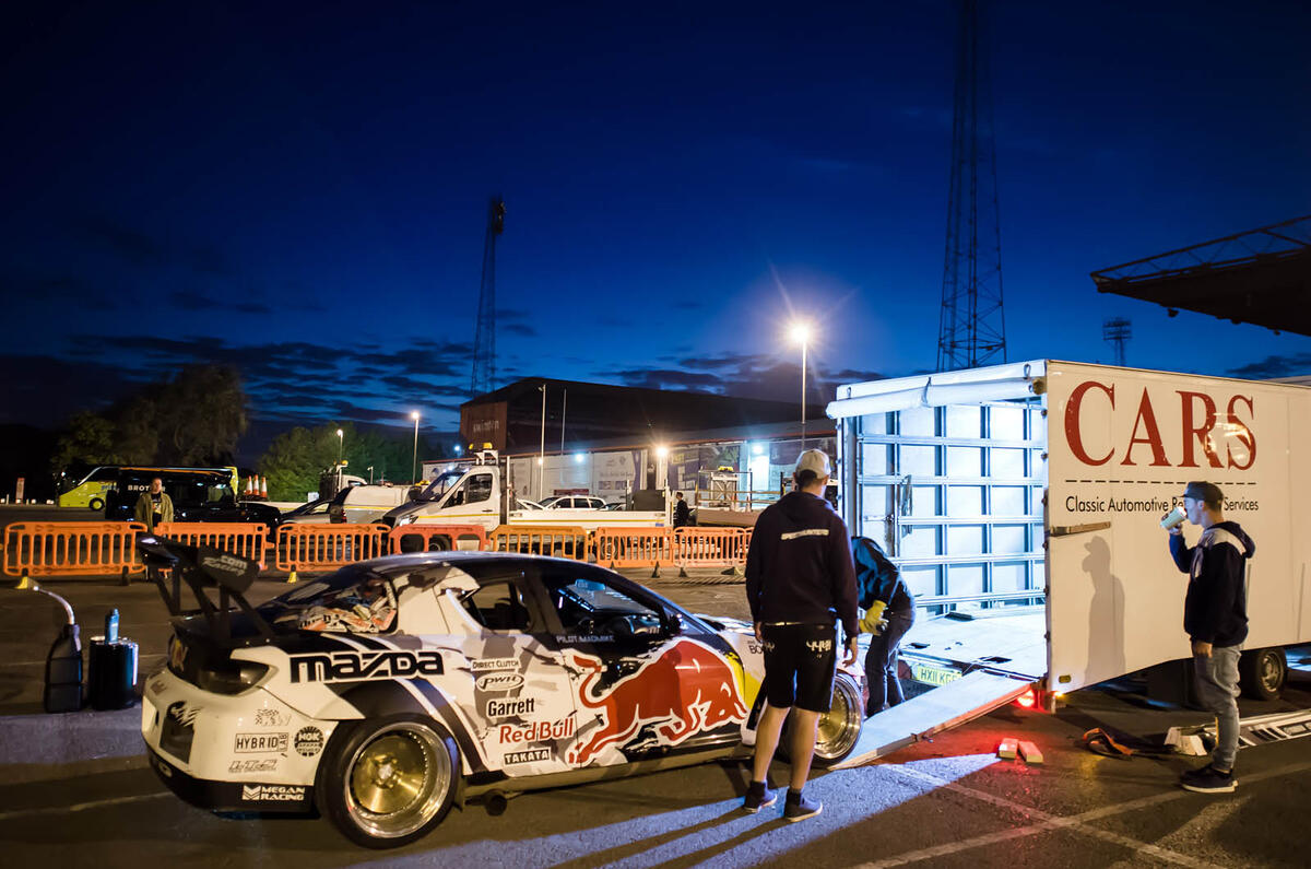 Drifting around a five-roundabouts-in-one junction with drift ace Mike Whiddett