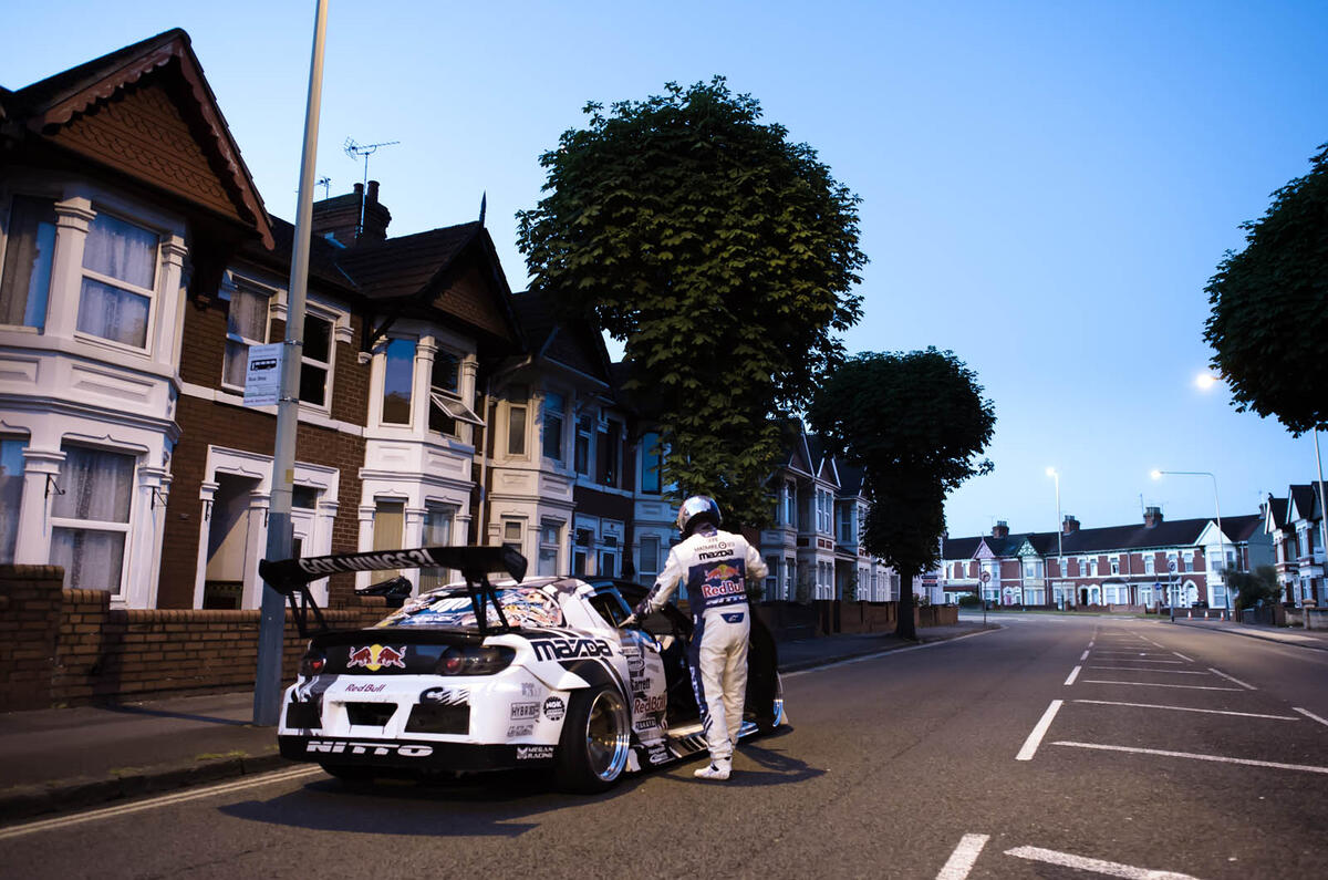Drifting around a five-roundabouts-in-one junction with drift ace Mike Whiddett
