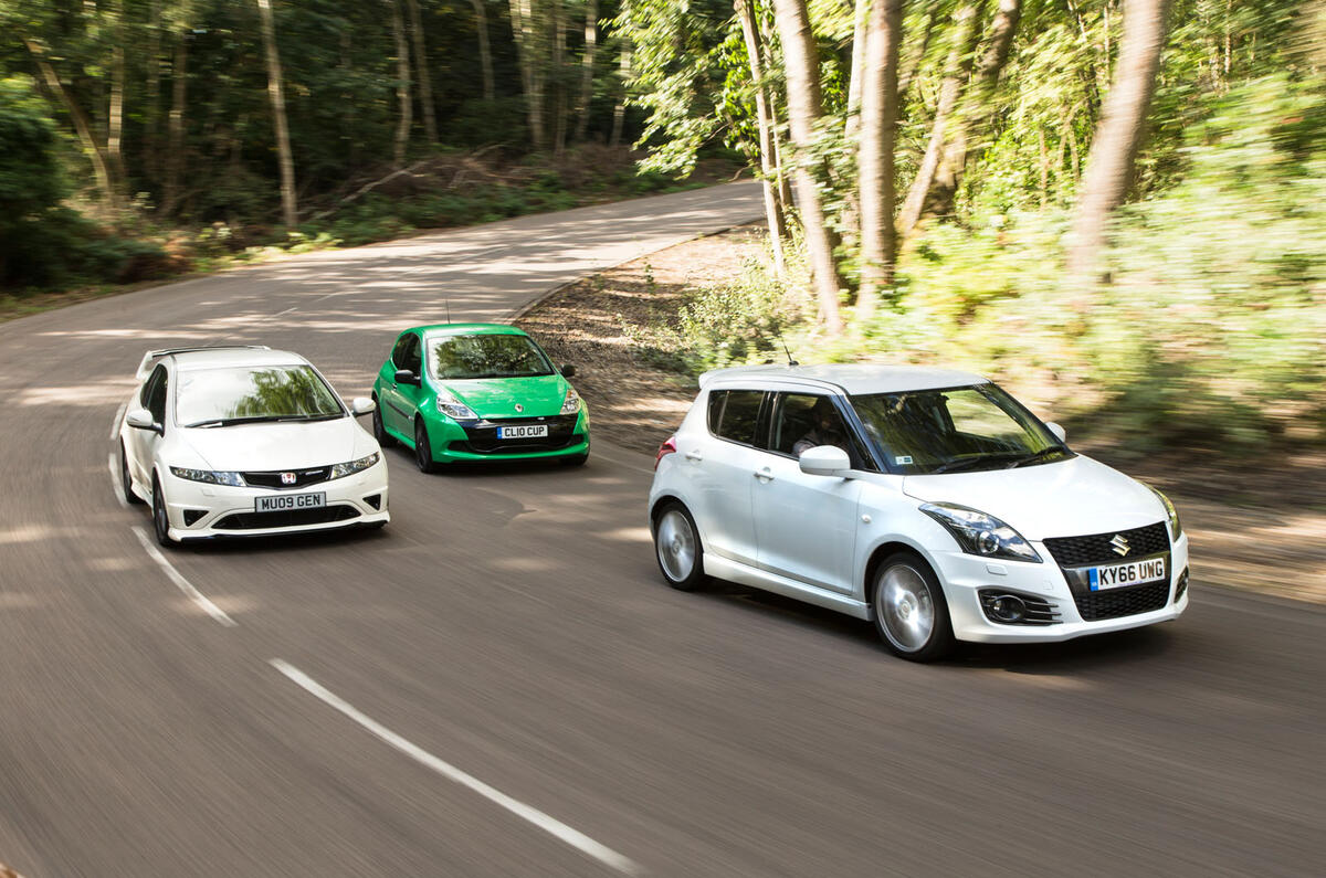 Suzuki Swift Sport vs Honda Civic Type R Mugen vs Renault Clio Cup 